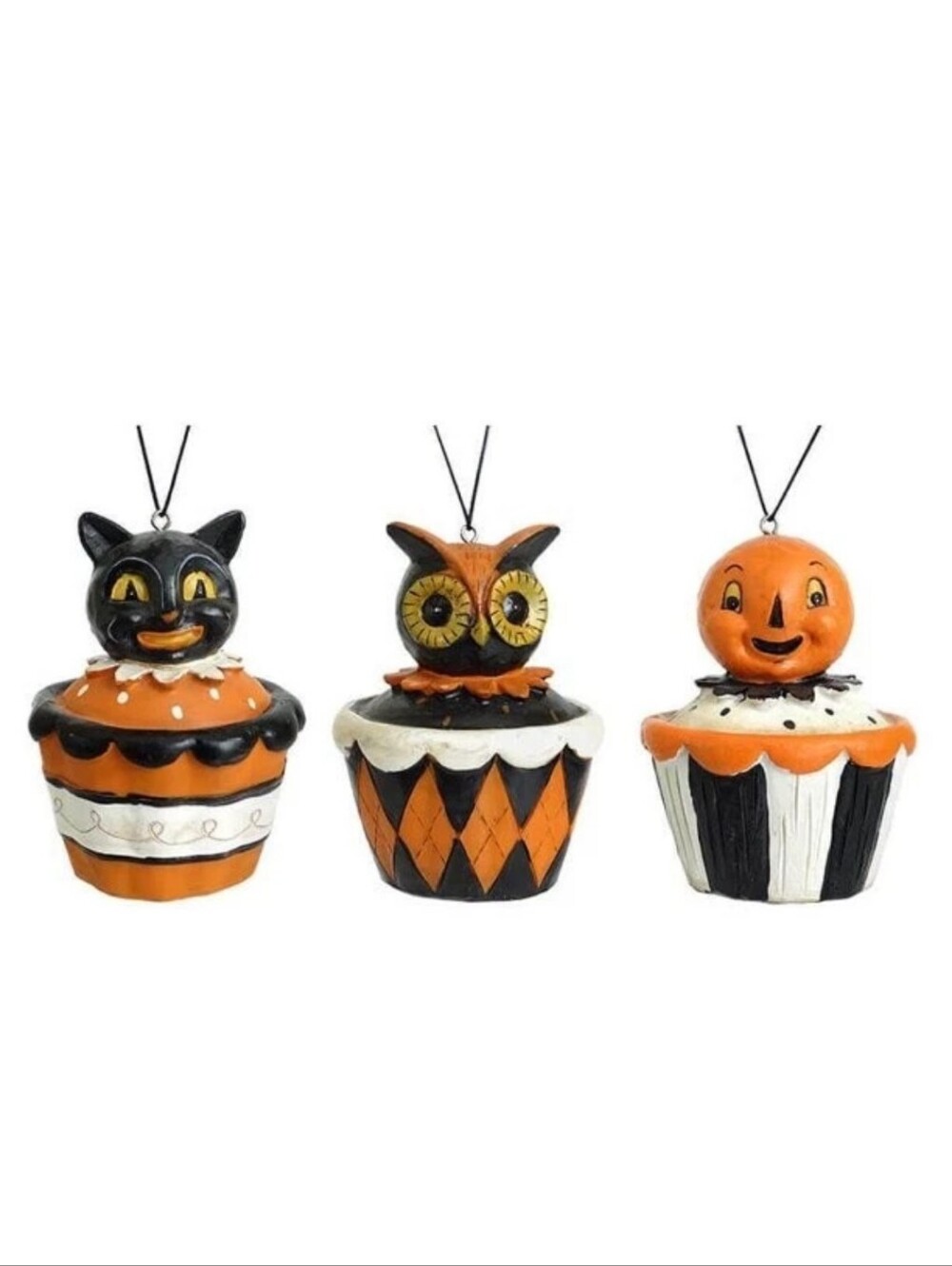 Johanna Parker Vintage Style Halloween Cat Owl Pumpkin Cupcake Ornament Set of 3